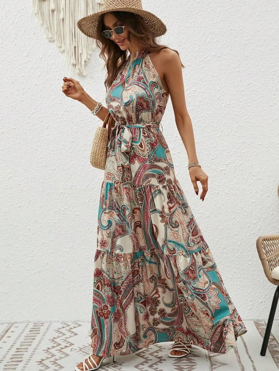 Damen Retro Maxi Kleid Halterneck Vintage-Inspiriert