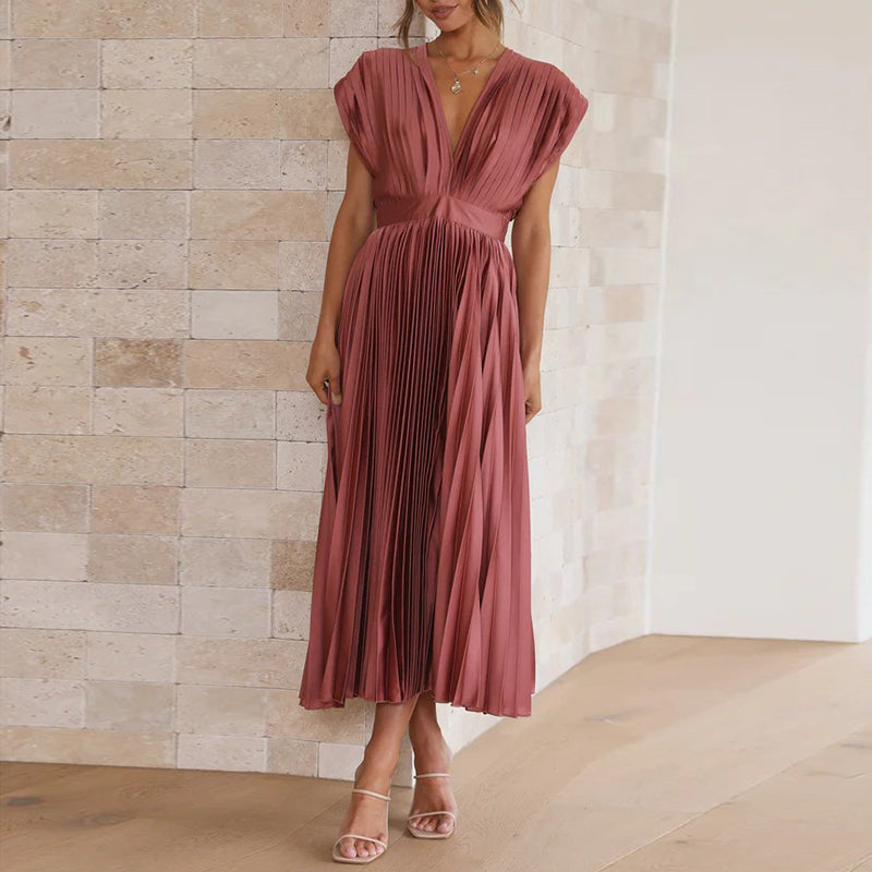 Damen Abendkleid Maxi V-Ausschnitt Plissiert