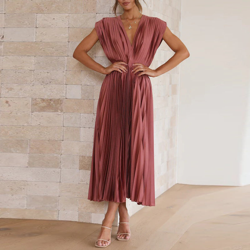 Damen Abendkleid Maxi V-Ausschnitt Plissiert