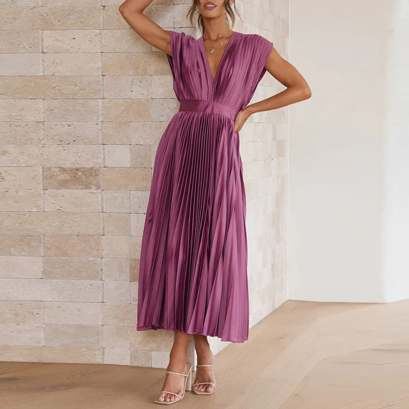 Damen Abendkleid Maxi V-Ausschnitt Plissiert