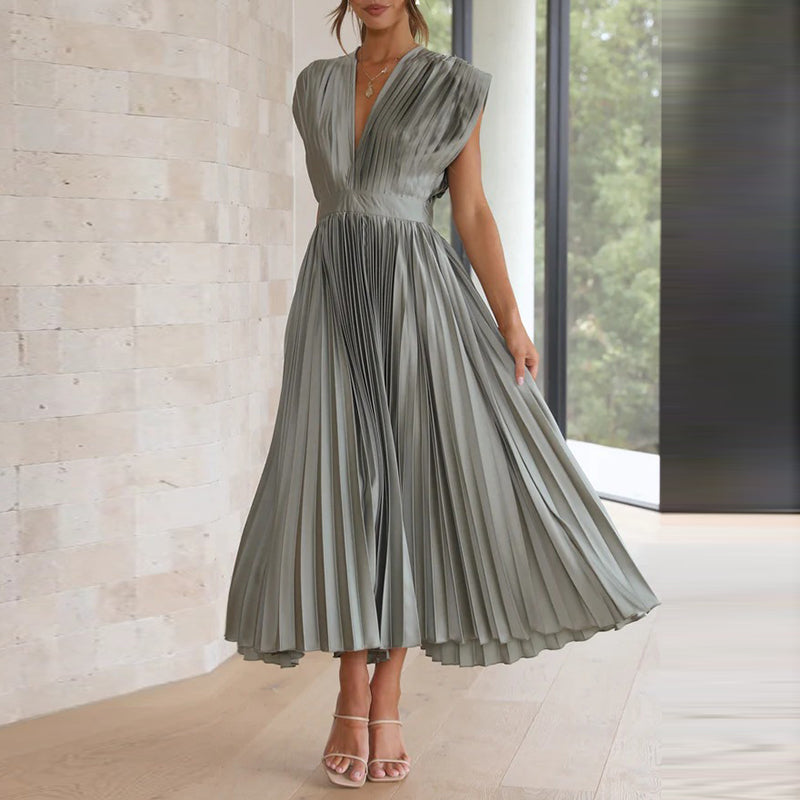 Damen Abendkleid Maxi V-Ausschnitt Plissiert - Norvielle