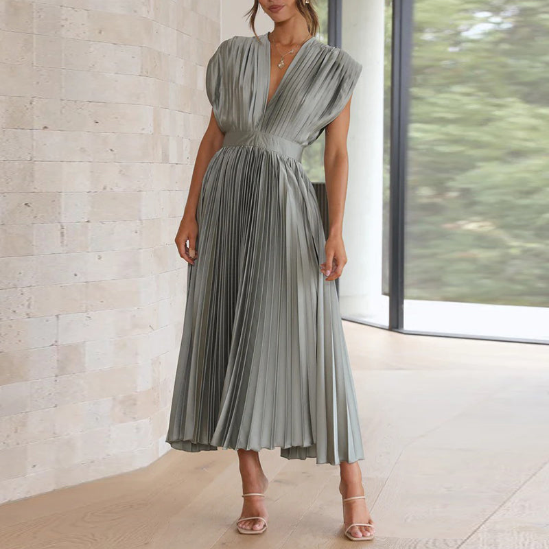 Damen Abendkleid Maxi V-Ausschnitt Plissiert