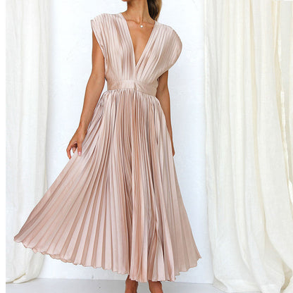 Damen Abendkleid Maxi V-Ausschnitt Plissiert
