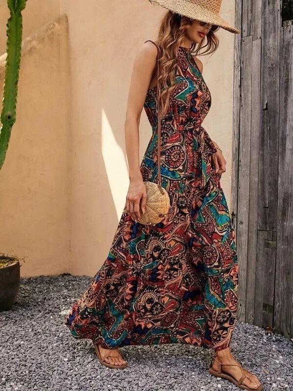 Damen Retro Maxi Kleid Halterneck Vintage-Inspiriert