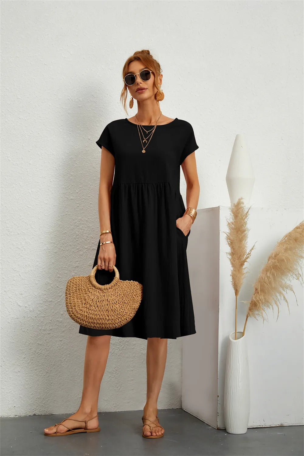 Damen Sommerkleid Kurzarm Luftig Bequem Elegant