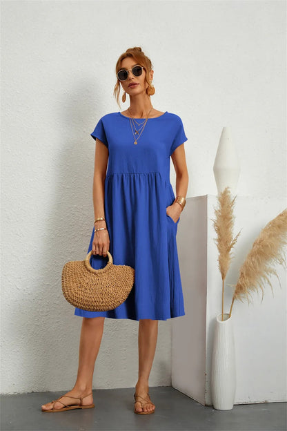 Damen Midikleid Kurzarm mit Taschen