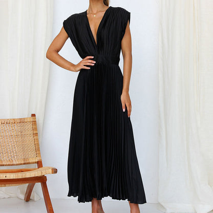 Damen Abendkleid Maxi V-Ausschnitt Plissiert