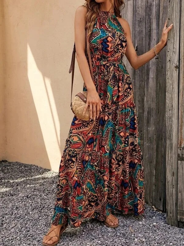 Damen Retro Maxi Kleid Halterneck Vintage-Inspiriert