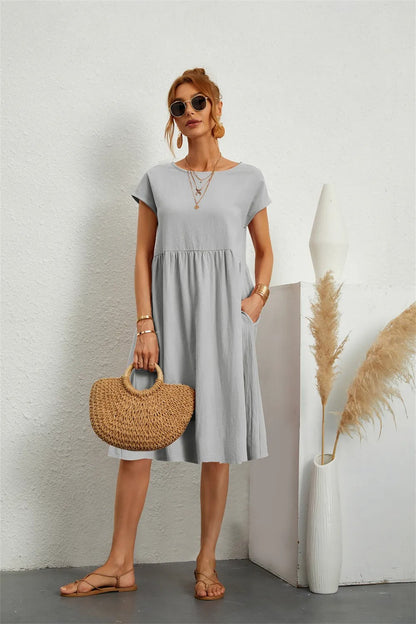 Damen Midikleid Kurzarm mit Taschen