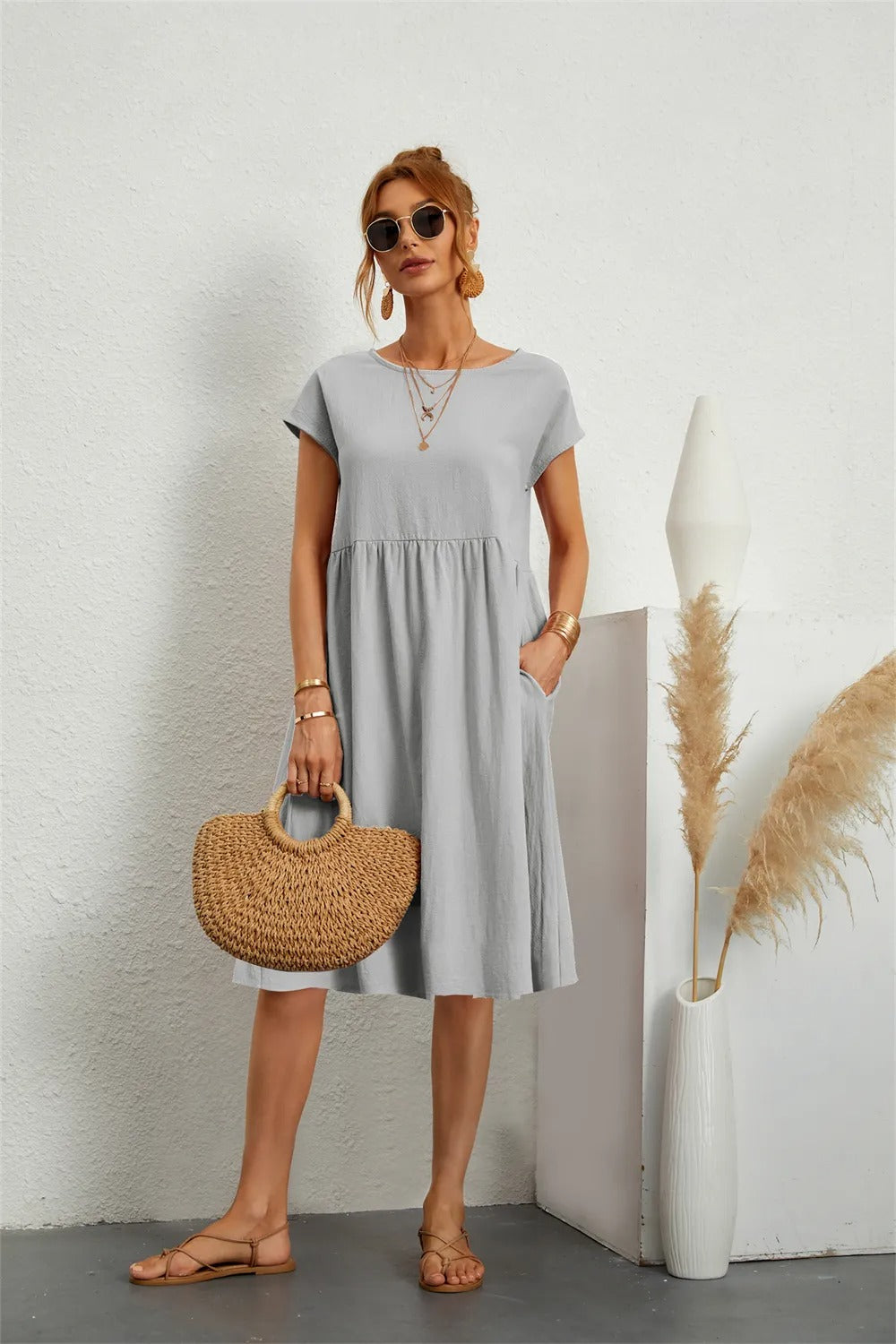 Damen Sommerkleid Kurzärmelig Mit Taschen
