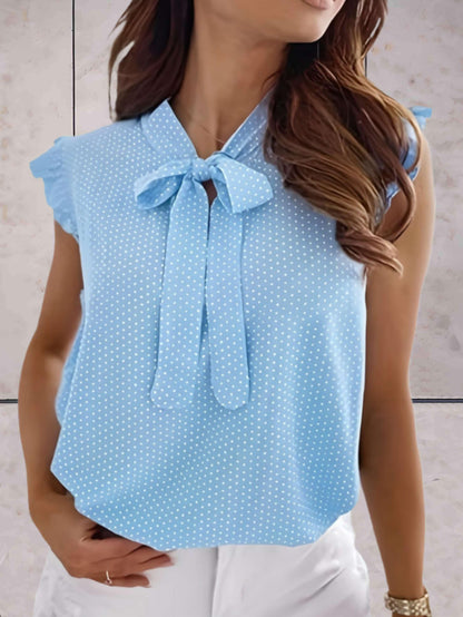Damen Bluse mit Polka Dots Rüschenärmel Schleifenkragen