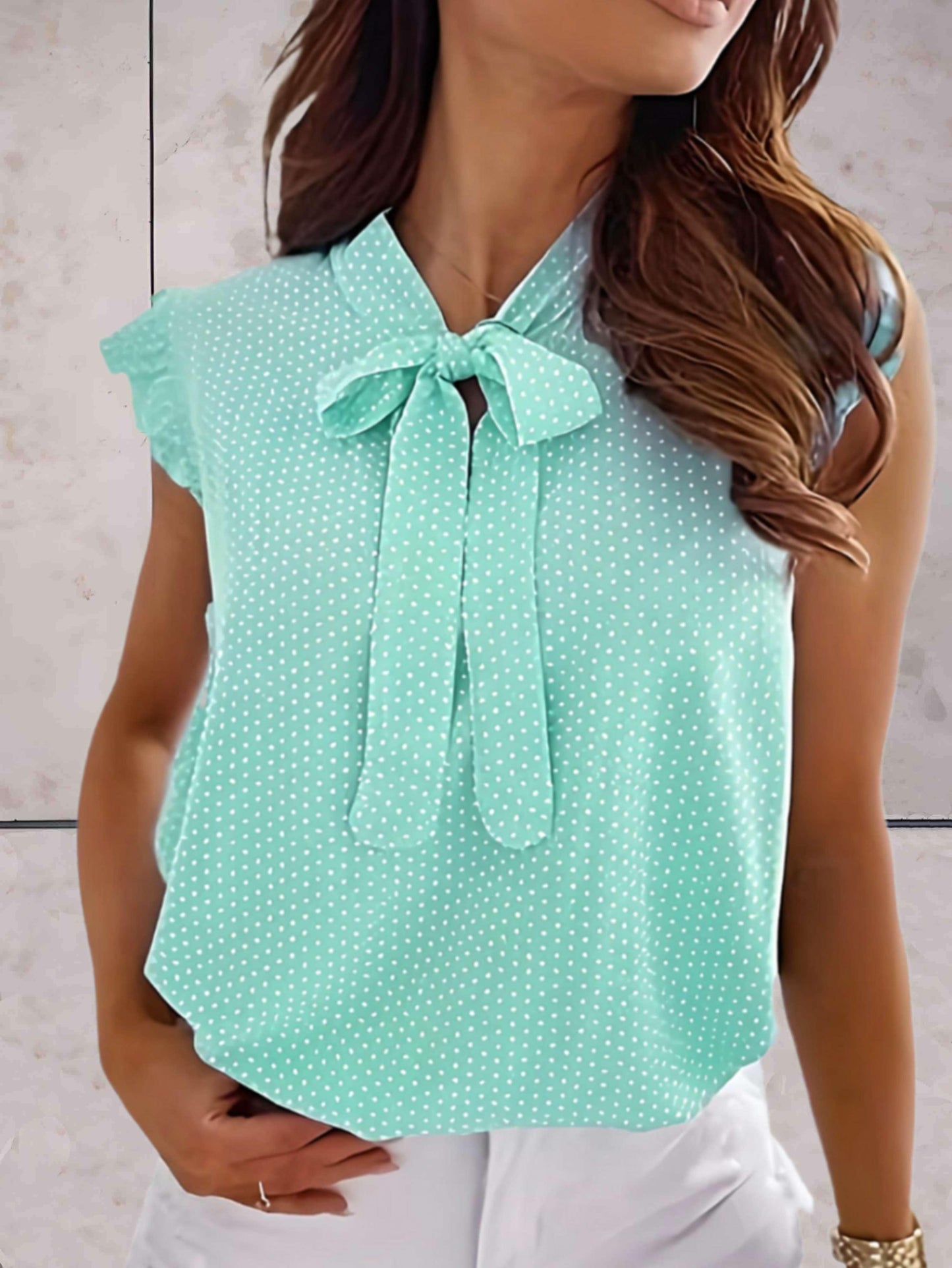 Damen Bluse mit Polka Dots Rüschenärmel Schleifenkragen