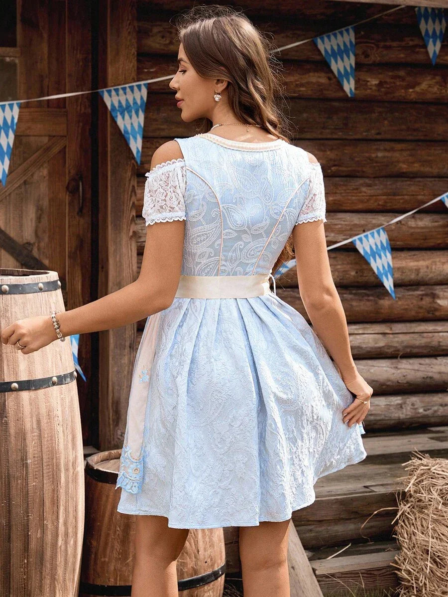 Damen Trachtenkleid Midi Dirndl mit Spitze und Schürze