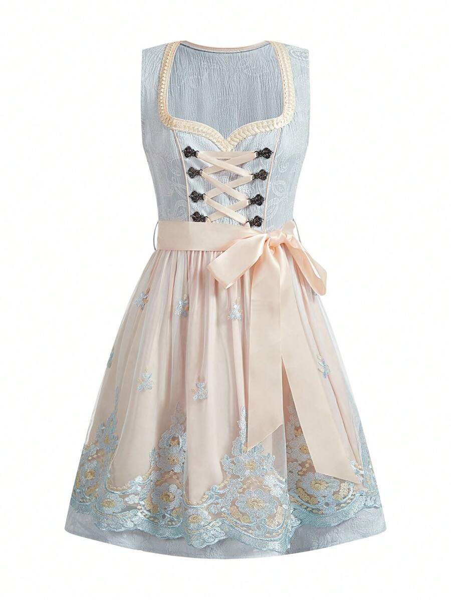 Damen Trachtenkleid Midi Dirndl mit Spitze und Schürze