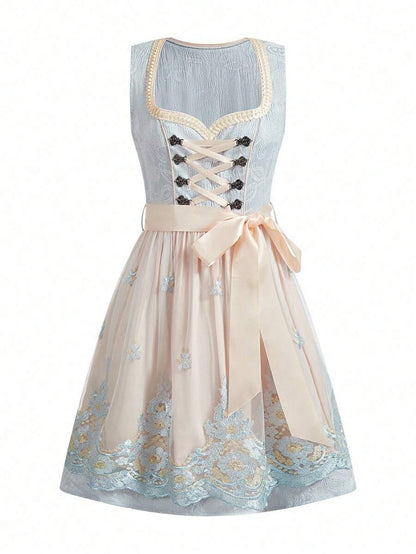Damen Trachtenkleid Midi Dirndl mit Spitze und Schürze