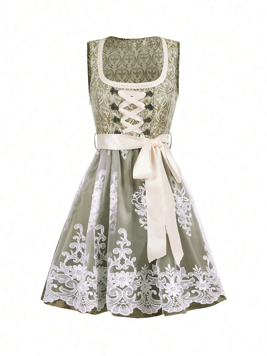 Damen Trachtenkleid Midi Dirndl mit Spitze und Schürze