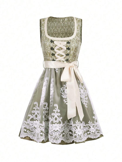 Damen Trachtenkleid Midi Dirndl mit Spitze und Schürze