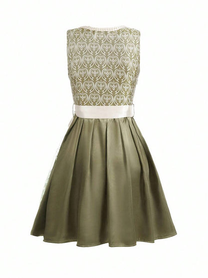 Damen Trachtenkleid Midi Dirndl mit Spitze und Schürze