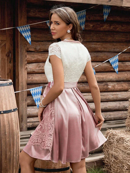 Damen Trachtenkleid Midi Dirndl mit Spitze und Schürze