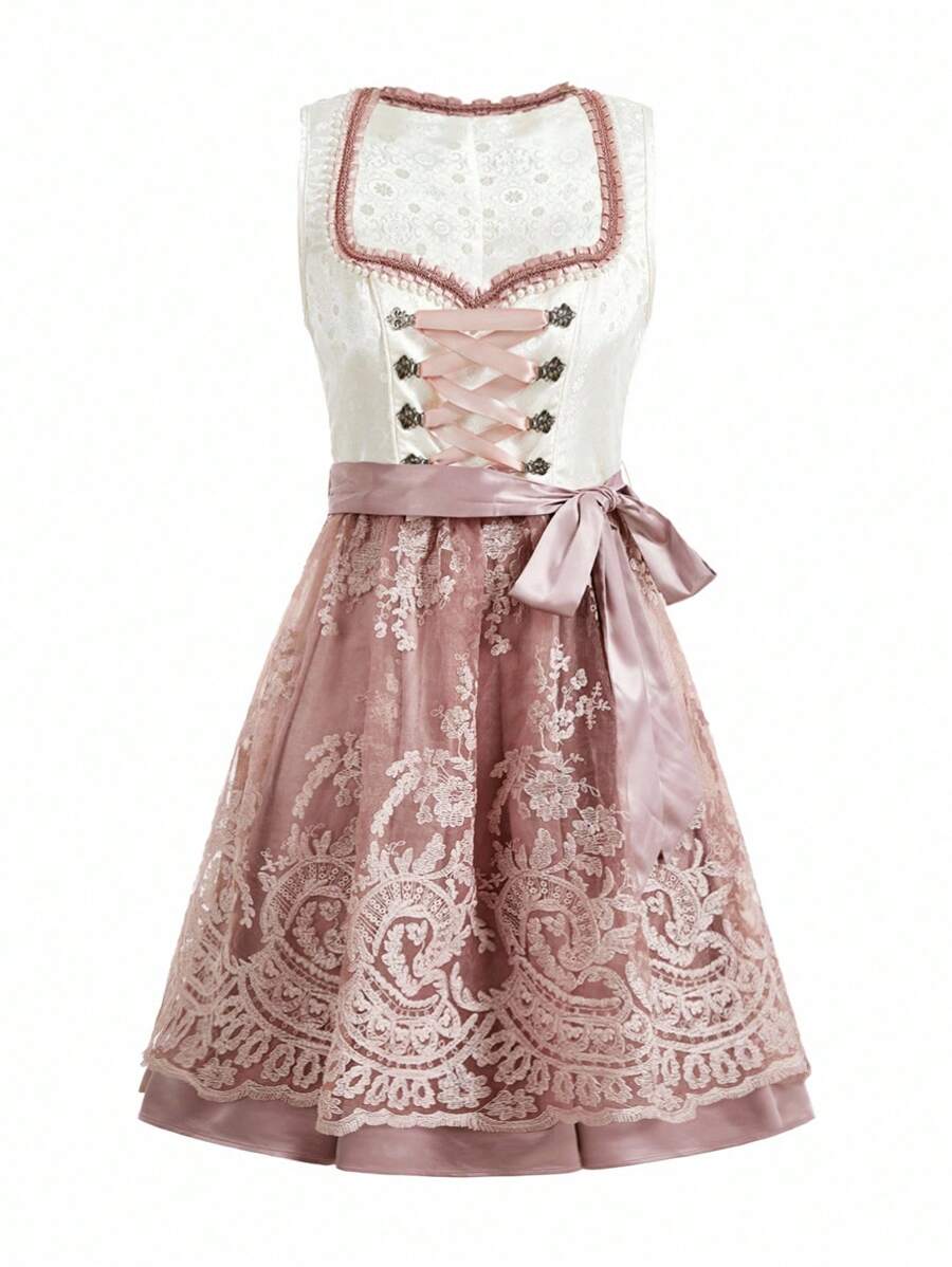 Damen Trachtenkleid Midi Dirndl mit Spitze und Schürze