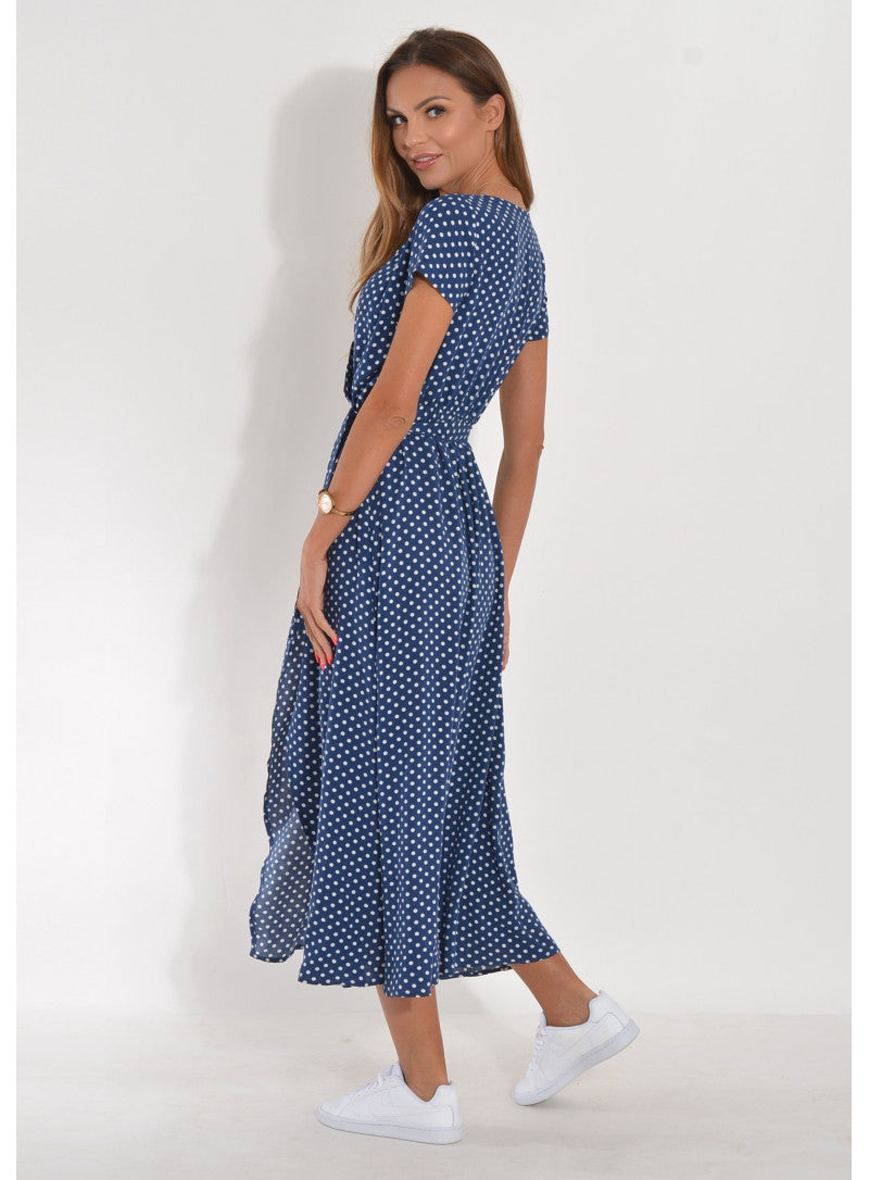 Damen Maxikleid Punkte V-Ausschnitt Bindegürtel Schwarz - Norvielle