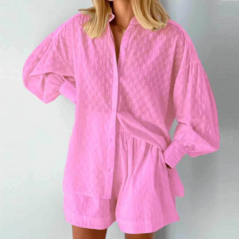 Damen Baumwoll-Set Oversized-Bluse und Shorts Luftig Weiß
