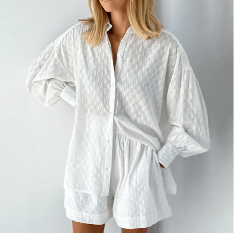 Damen Baumwoll-Set Oversized-Bluse und Shorts Luftig Weiß - Norvielle