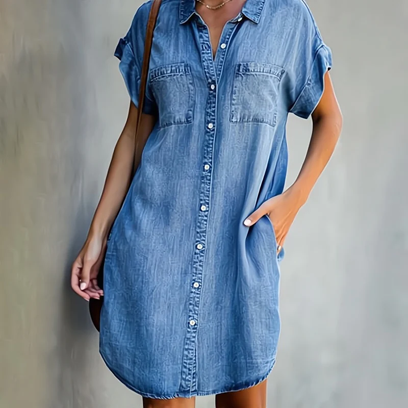 Damen Jeanskleid Mit Knöpfen Blau - Norvielle