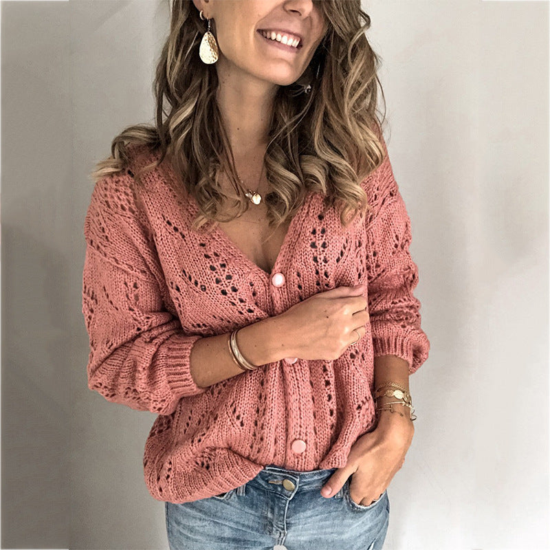 Damen Strickcardigan V-Ausschnitt Einfarbig Mit Knöpfen