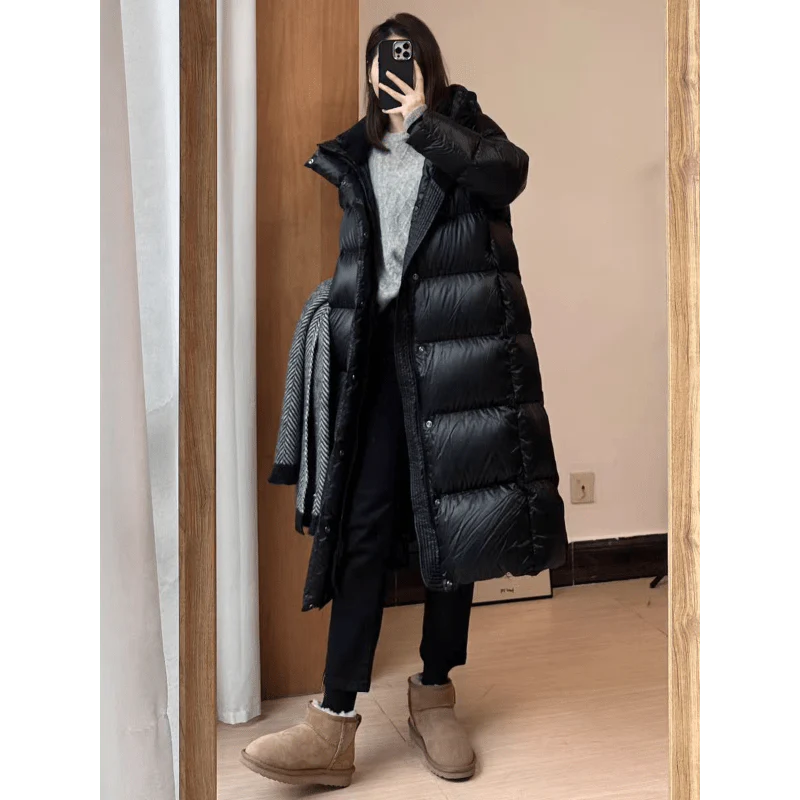 Damen Winterdaunenjacke Lang Mantel Gesteppt Kapuze