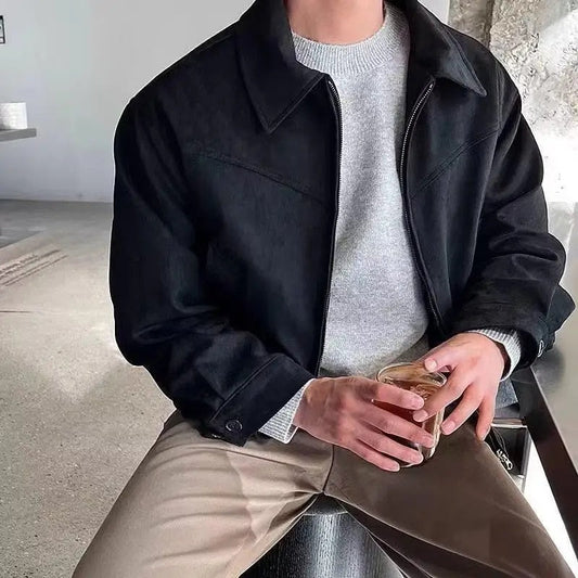 Herren Vintage-Jacke Klassischer Kragen Reißverschluss Schwarz - Norvielle