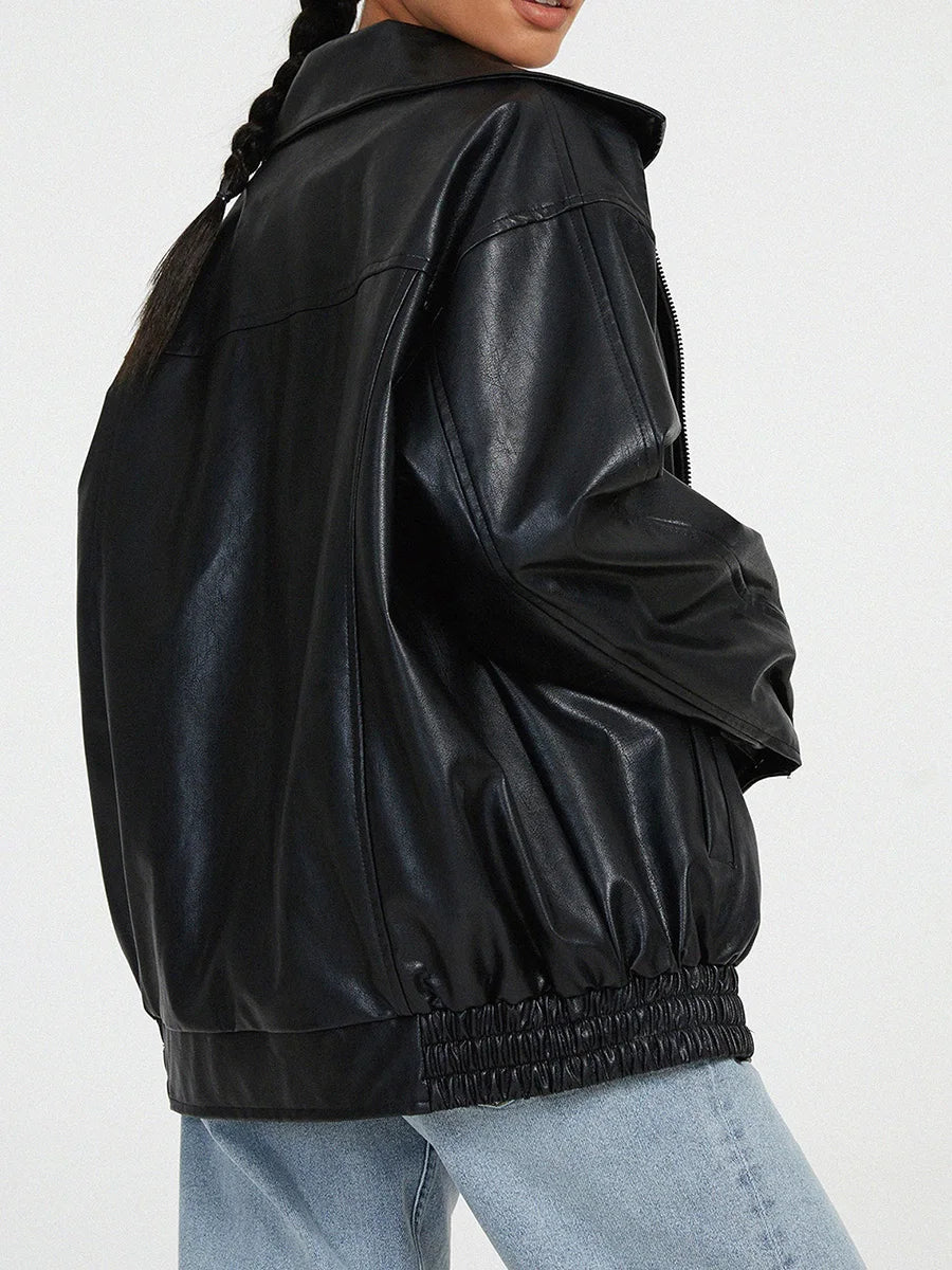 Damen Oversized Kunstleder Bomberjacke Reißverschluss Trendig
