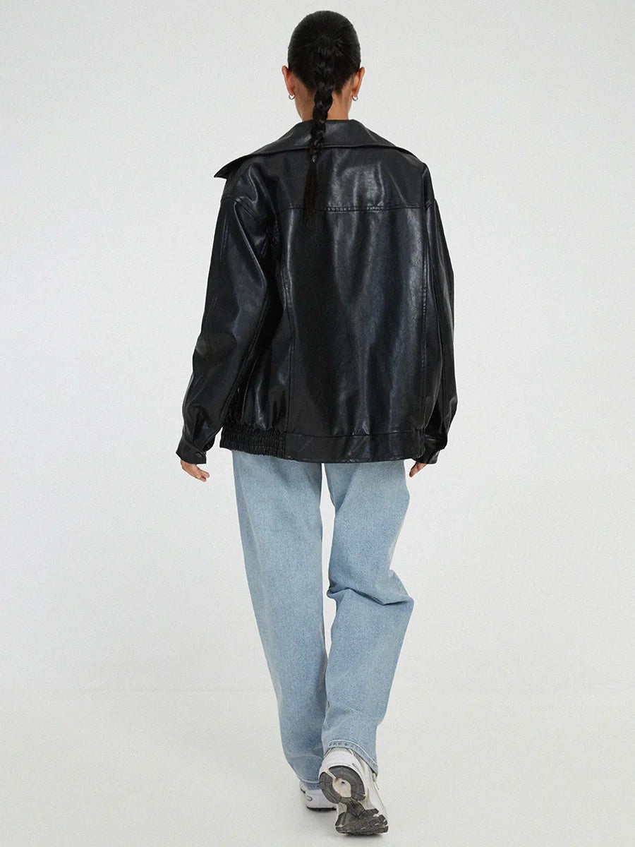 Damen Oversized Kunstleder Bomberjacke Reißverschluss Trendig