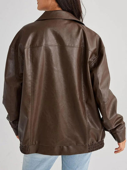 Damen Oversized Kunstleder Bomberjacke Reißverschluss Trendig