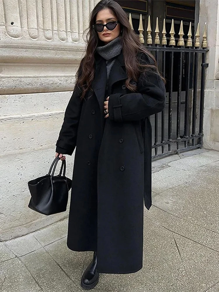 Damen Trenchcoat Wollmischung Doppelreiher Voller Länge - Norvielle