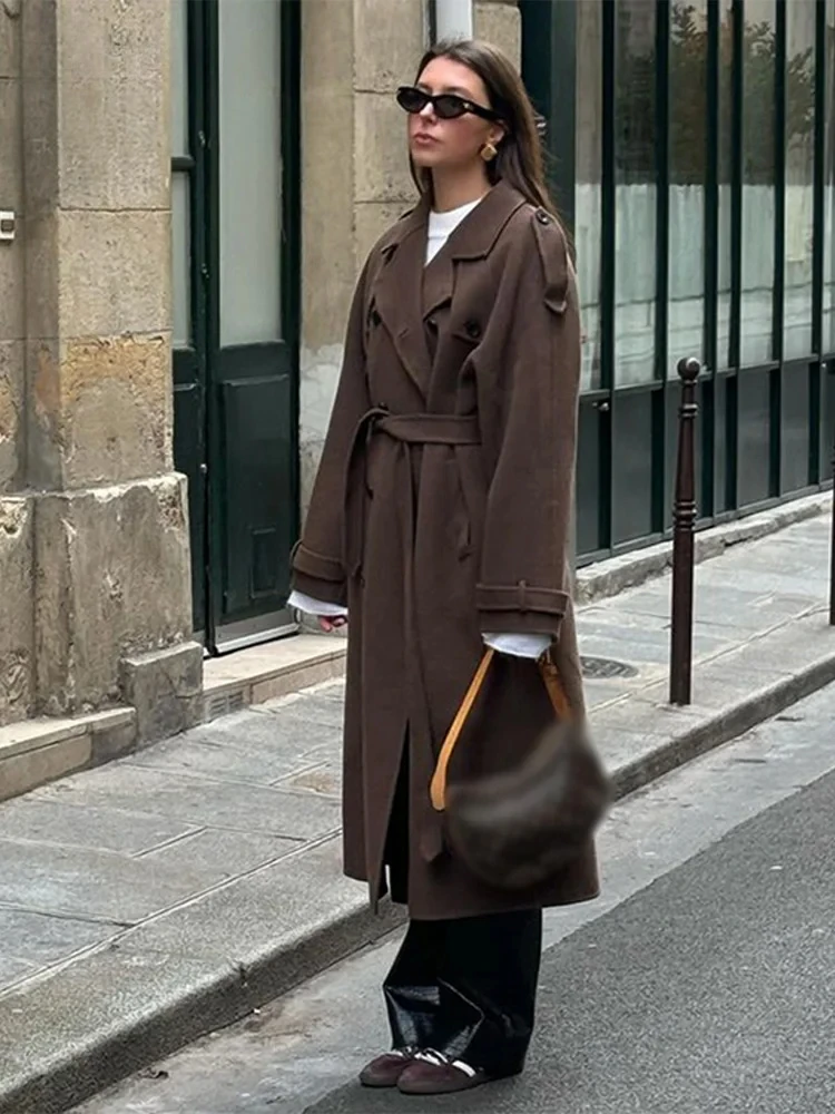 Damen Trenchcoat Wollmischung Doppelreiher Voller Länge
