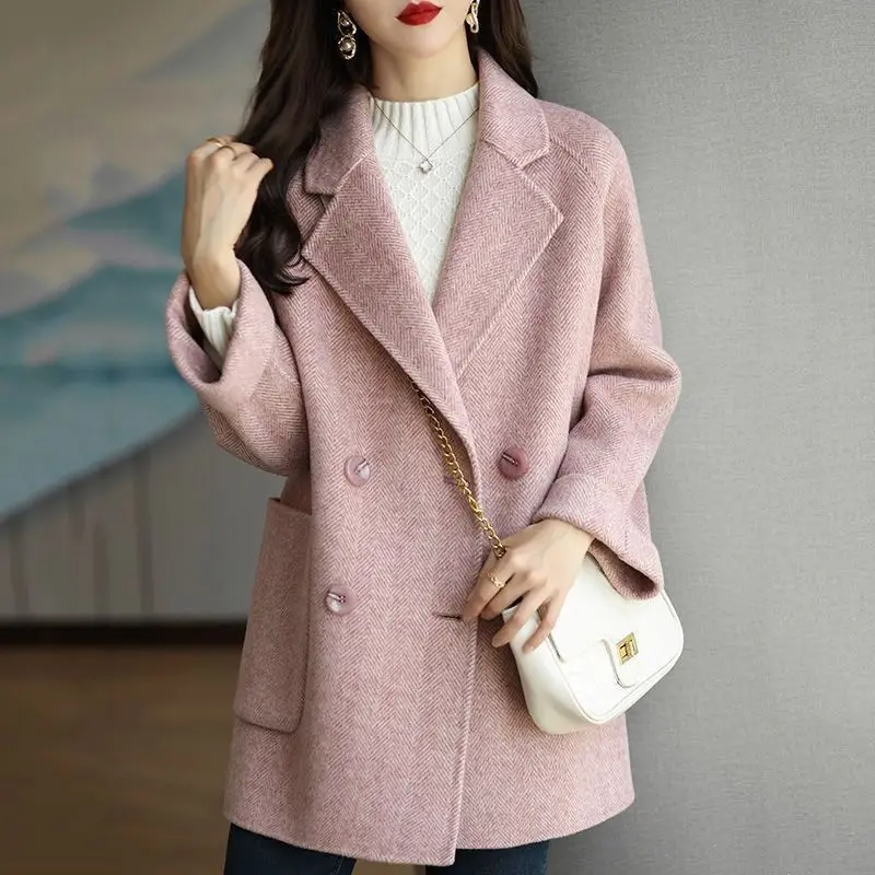 Damen Trenchcoat Slim Fit Wolltextur Doppelt Knöpfbare Revers