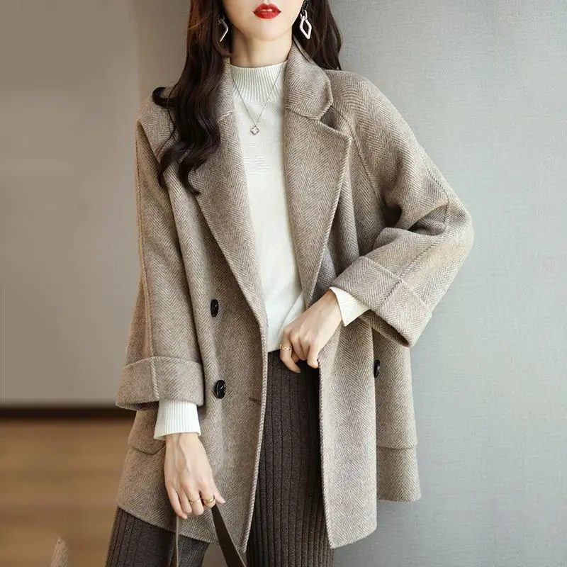 Damen Trenchcoat Slim Fit Wolltextur Doppelt Knöpfbare Revers