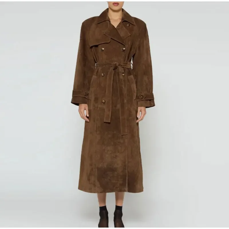 Damen Trenchcoat Wildlederoptik Taillierte Passform Braun - Norvielle
