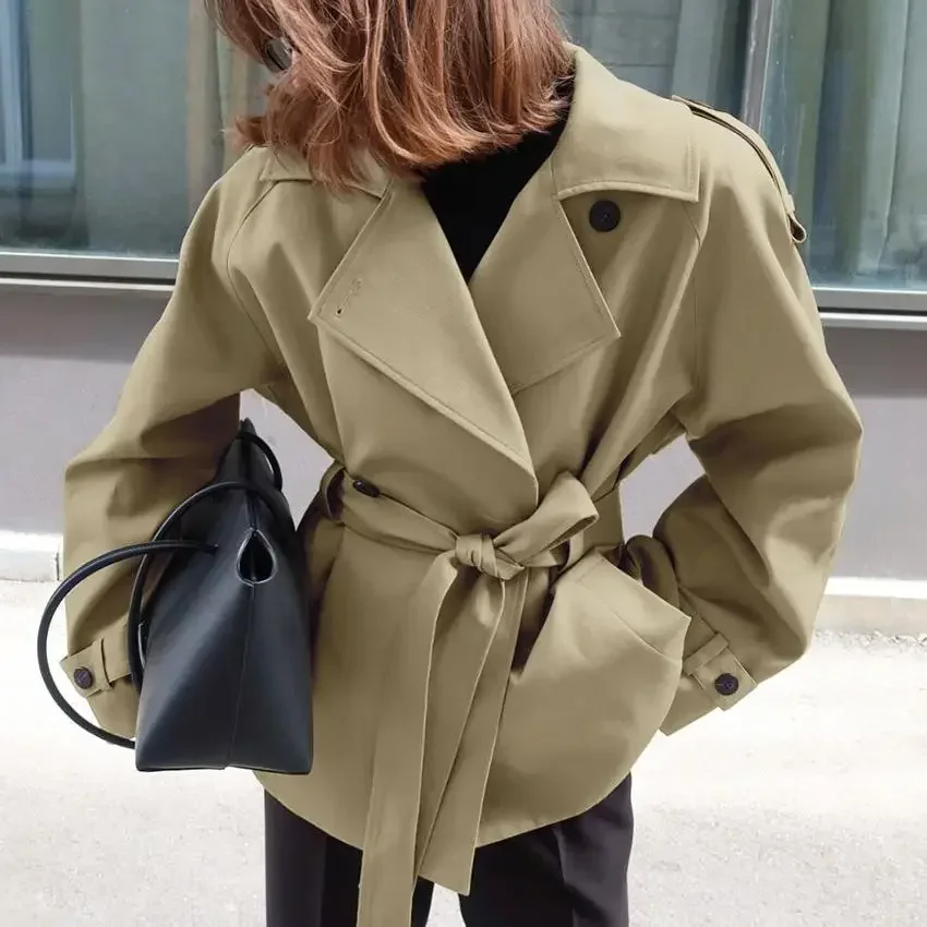 Damen Trenchcoat Baumwollmischung Taillengürtel Schwarz - Norvielle