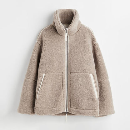 Damen Teddyjacke Oversize Reißverschluss Stehkragen Beige