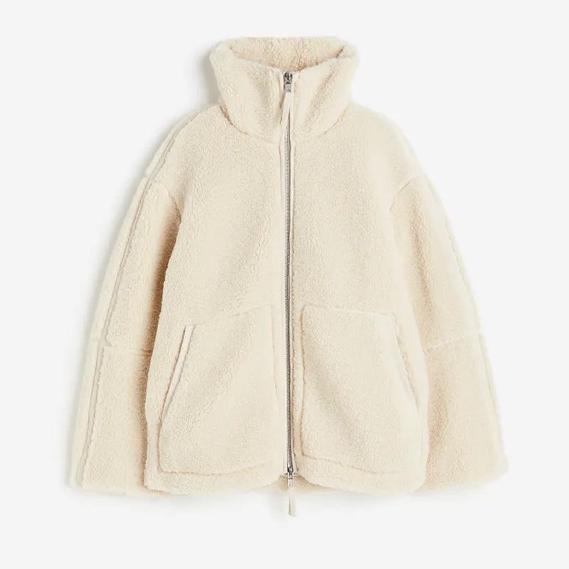 Damen Teddyjacke Oversize Reißverschluss Stehkragen Beige