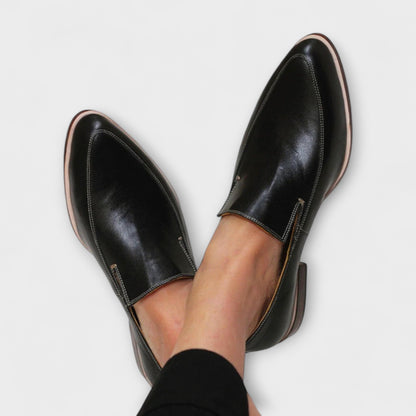 Damen Klassische Slip-On Loafer Schuhe Leder Schwarz - Norvielle