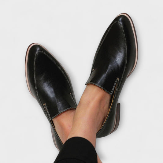 Damen Klassische Slip-On Loafer Schuhe Leder Schwarz - Norvielle