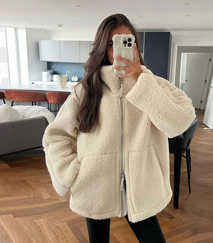 Damen Teddyjacke Oversize Reißverschluss Stehkragen Beige - Norvielle