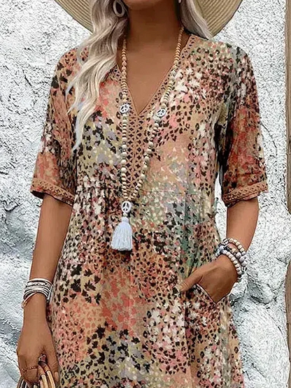 Damen Midikleid Farbverlauf V-Ausschnitt Sommerkleid Halbärmel - Norvielle