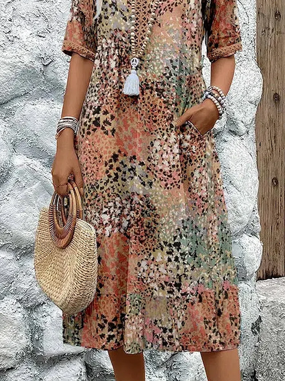 Damen Midikleid Farbverlauf V-Ausschnitt Sommerkleid Halbärmel