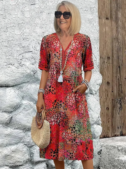 Damen Sommerkleid V-Ausschnitt Allover-Muster Knielang Bequem - Norvielle
