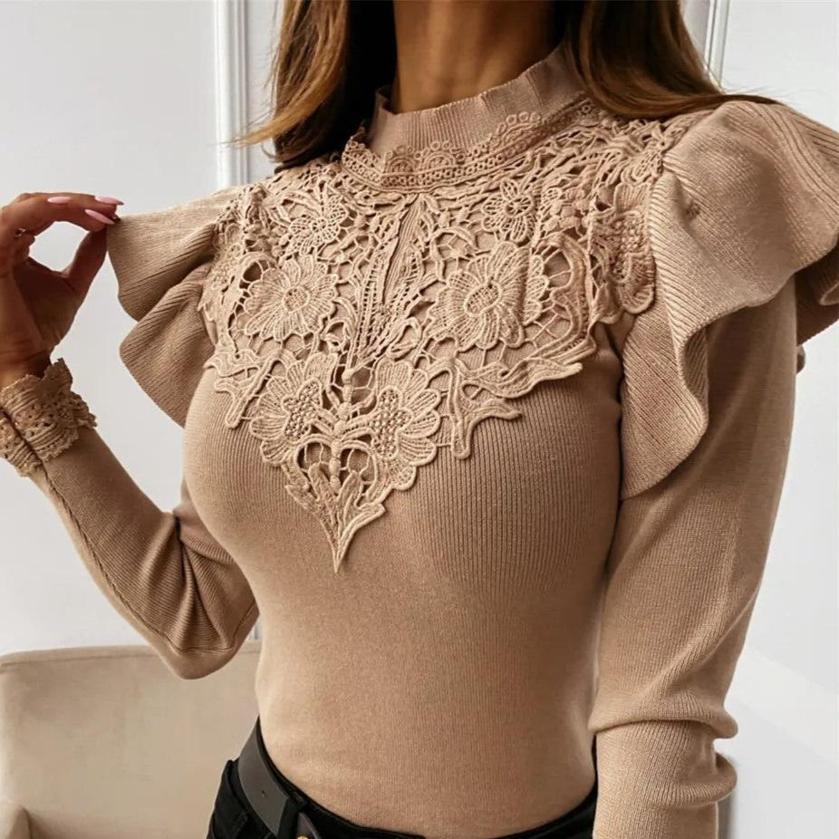 Norvielle Damen Rollkragenpullover Rüschen Spitze
