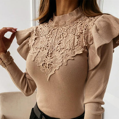 Norvielle Damen Rollkragenpullover Rüschen Spitze